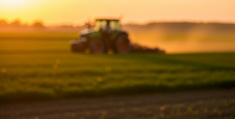 Tractor working in a wide field at sunset, with a blurred background, capturing the warm glow of evening light over a peaceful agricultural landscape.