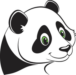 Cartoon Panda Head Illustration with Green Eyes, Black Ears, and Friendly Smile in Bold Line Art Style for Children&rsquo;s Media, Branding, and Graphic Design Use