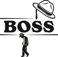 BOSS Typography Illustration Featuring Hat and Tie Motif Above Text with Slouched Silhouette Below for Leadership, Corporate, and Graphic Design Concepts