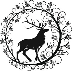 Deer Silhouette Illustration Featuring Large Antlers and Symmetrical Circular Frame of Swirling Vines and Leaves in Black for Nature, Decorative, and Graphic Design Applications