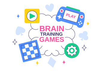 Brain Training Games Vector Illustration featuring People Having Fun with Riddles, Crosswords, Logic Game, and Puzzle Solving in a Flat Background