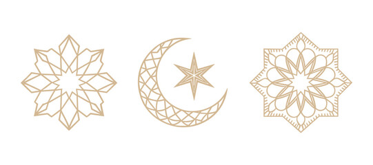 Elegant gold Islamic geometric patterns including stars and crescent moon, ideal for decorative design. Vector Illustration