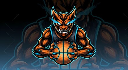 Powerful werewolf character playing basketball. An intimidating sports mascot illustration with a glowing aura, perfect for an esports team.