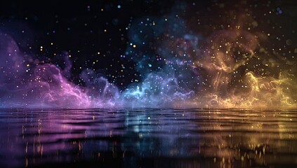 Ethereal nebulae in vibrant purple, blue, and orange hues, reflected on a dark, still water surface, sprinkled with glittering particles