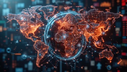 Global stock market visualization with interconnected graphs, holographic world map, and real-time data streams