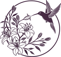 Hummingbird and Lily Flower Circular Illustration in Monochromatic Purple Featuring Delicate Nature Motifs and Elegant Line Art for Botanical, Decorative, and Graphic Design Use