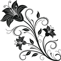 Floral Illustration Featuring Three Stylized Flowers with Swirling Vines and Intricate Petal Details in Black and White for Decorative, Botanical, and Graphic Design Applications