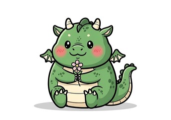 Fototapeta premium Cute Cartoon Dragon Holding a Flower.