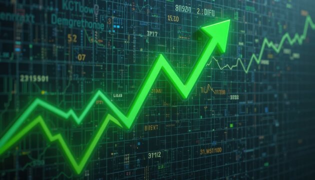 Bullish stock trend line in neon green against a dark digital grid background, high contrast modern design