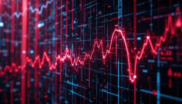 Falling stock market red line graph with glitch effects, cyberpunk aesthetic, high detail