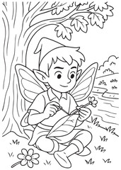 coloring book page of a fairy boy sewing leaves with needle and thread under a tree