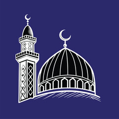 Mosque Illustration Featuring Crescent Moon, Dome, and Minaret with Geometric Patterns on Dark Blue Background for Islamic Architecture, Religion, and Cultural Design Themes