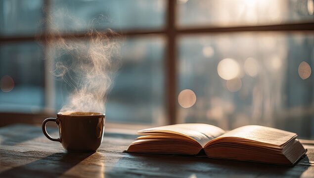A steaming mug rests beside an open book on a wooden table, bathed in the warm glow of sunrise through a nearby window