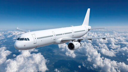 Obraz premium White jet plane soaring above fluffy clouds