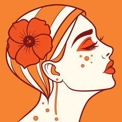 Stylized Woman Profile Illustration with Floral Hair Accessory, Orange Makeup Accents, and Minimalist Beauty Design on Solid Orange Background for Editorial and Cosmetic Branding Use