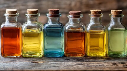 Colorful Essential Oil Bottles on Wooden Surface for Aromatherapy and Wellness