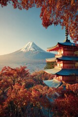 Mountain Fuji, autumn foliage, pagoda. Sunrise view of Japan's iconic Mount Fuji, framed by vibrant autumn leaves, with a traditional pagoda in the foreground
