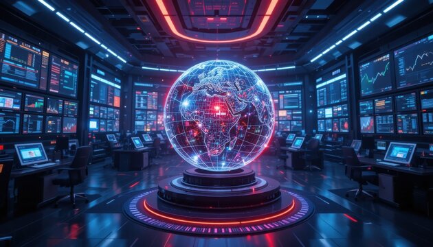 Global digital trading hub with holographic globe, real-time stock and product updates, and vibrant futuristic atmosphere