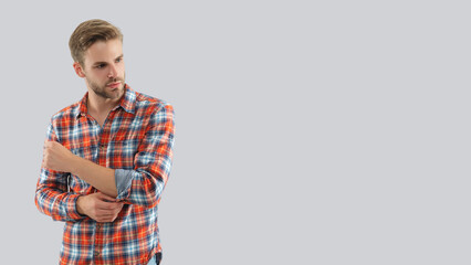 Obraz na płótnie Canvas Casual style of man. Guy has stylish haircut. Young man wearing casual shirt. Casual male style portrait. Millennial portrait. Young man isolated on grey. Stylish young man portrait. Copy space