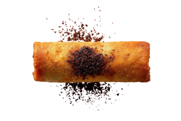 a single crispy Musakhan roll placed on a clean white background, cylindrical shape about 11cm long, golden-brown fried surface.