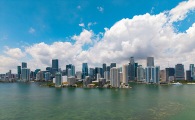 Aerial view of Brickell skyline in downtown Miami. Skyscrapers above Miami. Scenic panorama of...