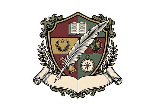 School logo. Ornate academic crest featuring quill book globe compass and laurel wreath on a shield.