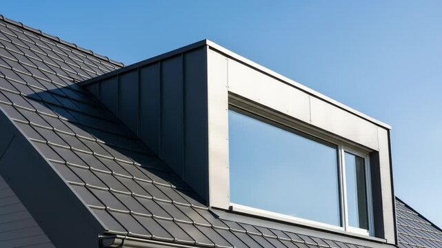 Modern dark grey roof with a large dormer window and new building materials