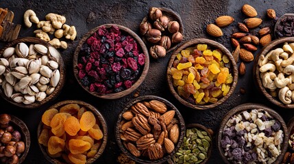 Delicious assortment of dried fruits and nuts in rustic wooden bowls offering healthy snacking inspiration or ingredient options for baking and culinary creations