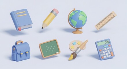 Set of 8 pastel 3D icons book, pencil, ruler, globe, school bag, chalkboard, paintbrush, calculator