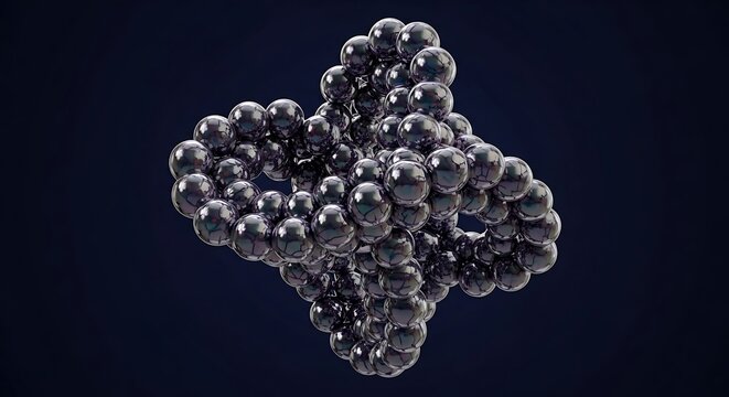 Abstract sphere structure with dark iridescent shiny balls on black background