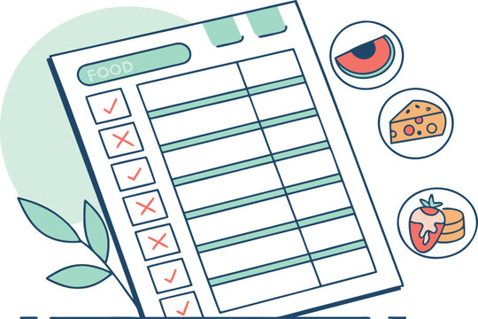 A food checklist with checkboxes and simple food icons representing healthy eating and meal planning for a balanced diet