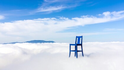 Solitary blue chair sits atop a fluffy sea of clouds under a vibrant blue sky