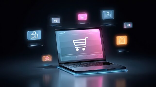 Futuristic online shopping experience with e-commerce icons surrounding a modern laptop displaying shopping cart, offering secure and convenient digital retail solutions