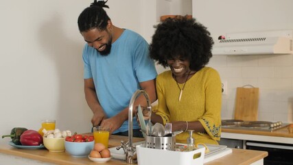 Happy couple preparing ingredients and washing dishes - Powered by Adobe