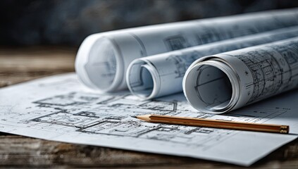 Rolled architectural blueprints and a pencil rest on a weathered wooden surface; detailed drawings are visible