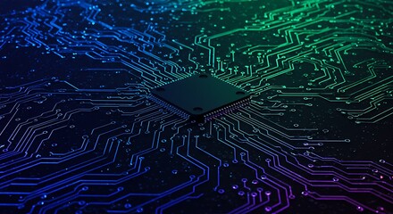 Powerful central processor unit on a futuristic circuit board with glowing neon data pathways representing advanced technology.