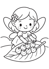 coloring book page of a little fairy arranging berry skewers on a large leaf, preparing sweet forest snacks.