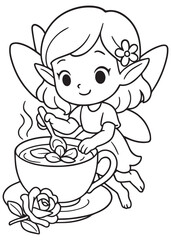 coloring book page of a little fairy stirring a steaming cup of herbal tea, adding petals beside a rose