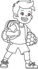 Black and white line art of a happy boy walking with a backpack and a soccer ball. Perfect for back to school and sports themes