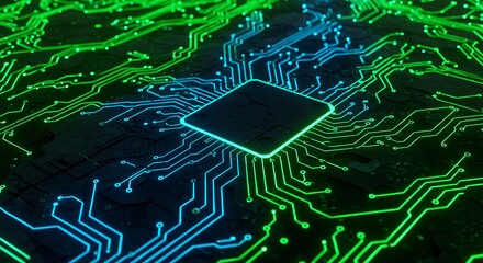 Close-up of a futuristic glowing microchip at the heart of a vibrant circuit board, representing the core concept of digital innovation, artificial intelligence, and global data networks.