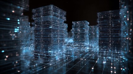 Futuristic Cityscape of Glowing Digital Buildings and Data Grid