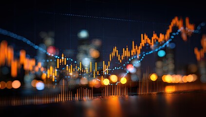 Glowing cityscape at night overlaid with dynamic financial graphs showing upward and downward trends, suggesting market volatility and urban dynamism