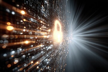 Digital lock icon amidst binary code, with light rays