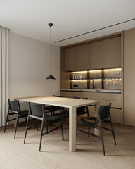 An elegant, contemporary dining room interior with a wooden table, chairs, and large window in a luxury apartment, 3d render