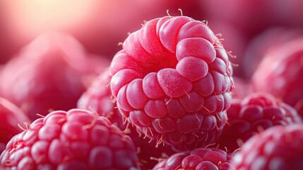 Fresh Raspberries Macro Shot：Juicy Red Berries with Soft Pink Hues on Blurred Background for Dessert Packaging