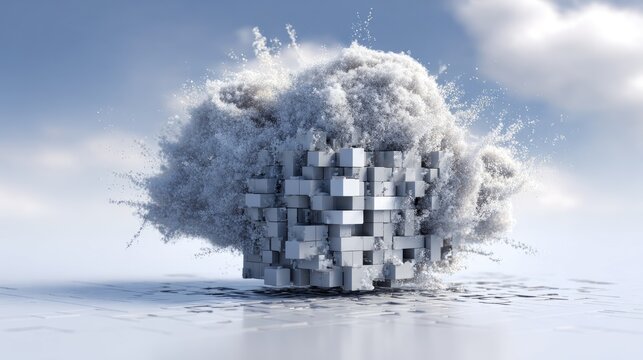 Abstract, light gray, cloud-like form composed of interlocking cubes, resting on a reflective surface against a light blue sky