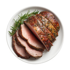 ceramic white plate, sliced inside round beef roast, top view, food photography, studio light, photorealistic, sharp focus