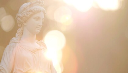 Serene statue of a woman, bathed in warm sunlight, blurred background