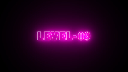 LEVEL-09 neon bright text background. Abstract neon level 09 number 4k illustration. Game concept next level.