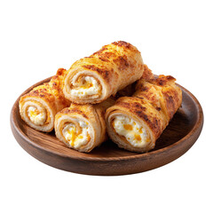 Cheese Rolls (Southland sushi) rolled toasted bread with cheese filling on a wooden plate isolated on transparent background